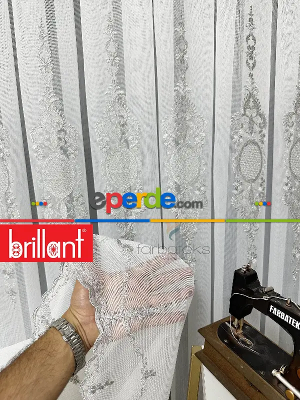 Brillant Ayna Desen Gri İşlemeli Tül Perde