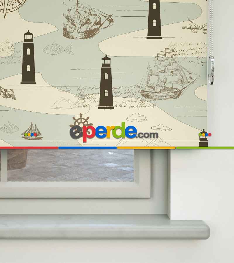 Çocuk Odası Stor Perde - Denizfeneri Desenli Baskılı Stor Perde- Çok Renkli