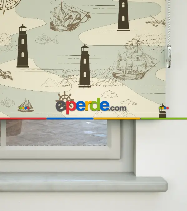 Çocuk Odası Stor Perde - Denizfeneri Desenli Baskılı Stor Perde- Çok Renkli