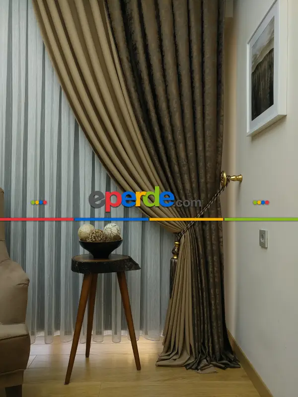 Açık Koyu Kahve Renk Kombinli Desenli Fon Perde- Kahve Koyu-sütlü Kahve