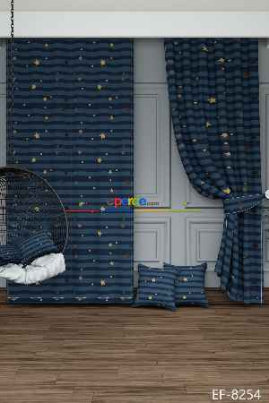 Fırsat Ürünü!! Dökümlü Kumaştan Genç Odası - Lacivert Yıldız Desenli Baskılı Pilesiz Fon Perde