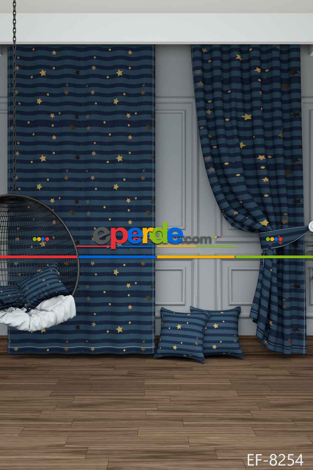 Fırsat Ürünü!! Dökümlü Kumaştan Genç Odası - Lacivert Yıldız Desenli Baskılı Pilesiz Fon Perde