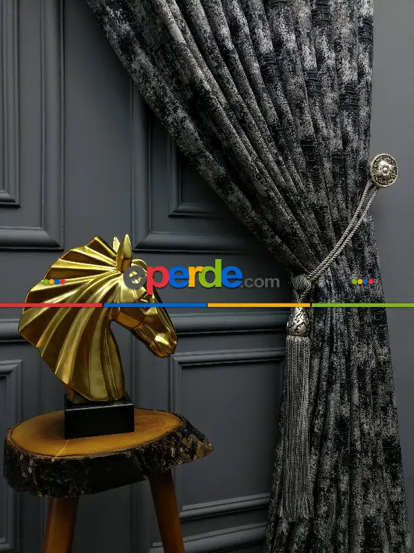 Yatak Odası Fon Patinedesenli Modern Desenli Jakarlı Fon Perde Yeni Seri 401- Lacivert-gri-füme-antrasit-füme