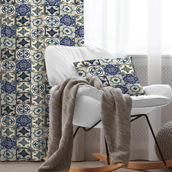 Etnik Mavi Desenli Fon Perde Evim400 Kumaşı Kalındır Duck Bezi Değildir- Mavi-beyaz