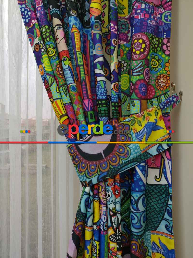 Genç Odası - Popart Fon Perde - Kumaşı Kalındır Duck Bezi Değildir.- Mavi-sarı-beyaz-turkuaz-çok Renkli