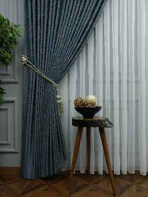 Jakar Desenli Fon Perde- Hardal Sarısı-petrol Mavisi