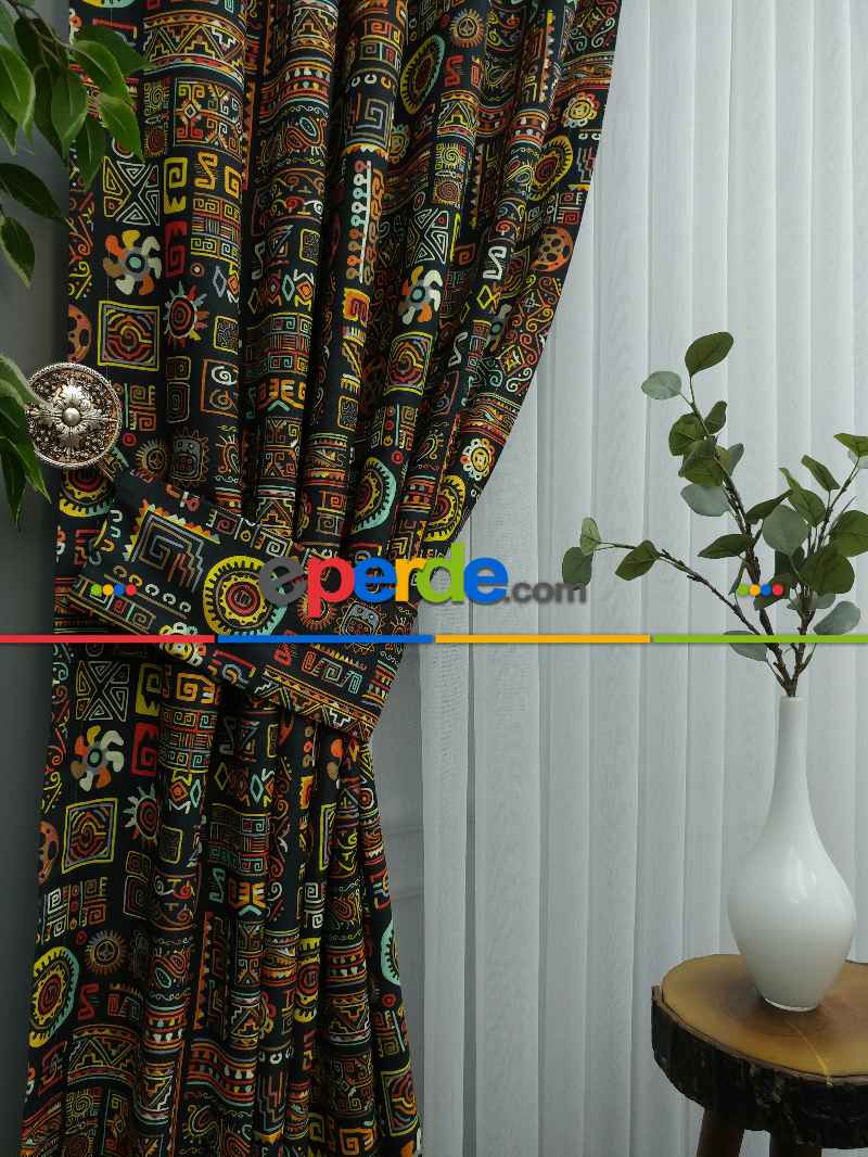 Etnik Desenli Fon Perde Evm273 _e - Kumaşı Kalındır Duck Bezi Değildir.- Siyah-Sarı-Antrasit