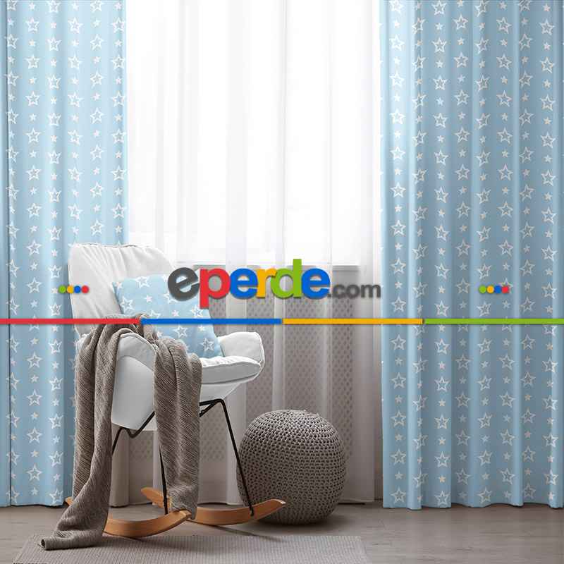 Erkek Çocuk ve Bebek Odası Fon Perde - Yıldız Desenli - Mavi Beyaz