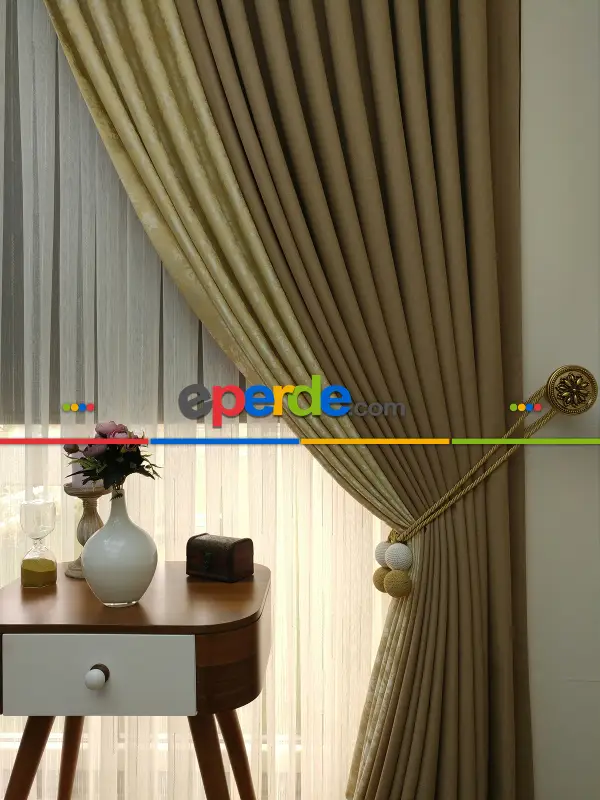 Sarı Kahve Renk Kombinli Desenli Fon Perde- Sarı-kahve