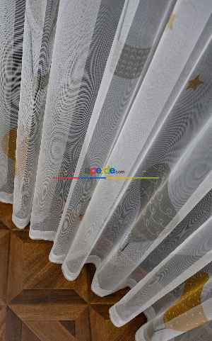 Hazır Ölçülü Petek Zemin Hardal Ve Krem Renkli Balon Desenli Grek Baskılı Tül Perde