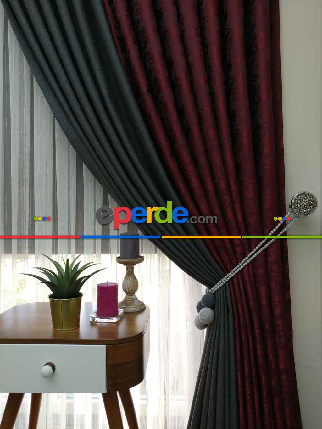 Gri Bordo Renk Kombinli Desenli Fon Perde- Gri-füme-antrasit-bordo