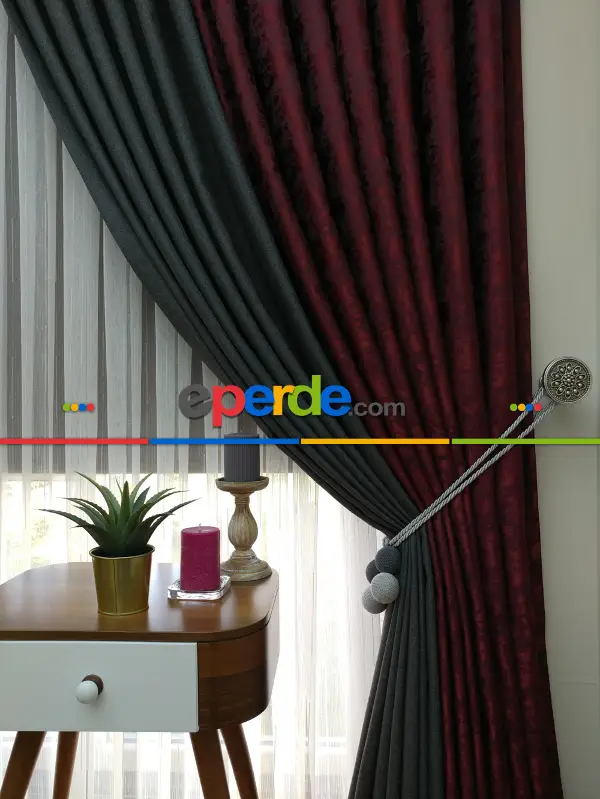 Gri Bordo Renk Kombinli Desenli Fon Perde- Gri-füme-antrasit-bordo