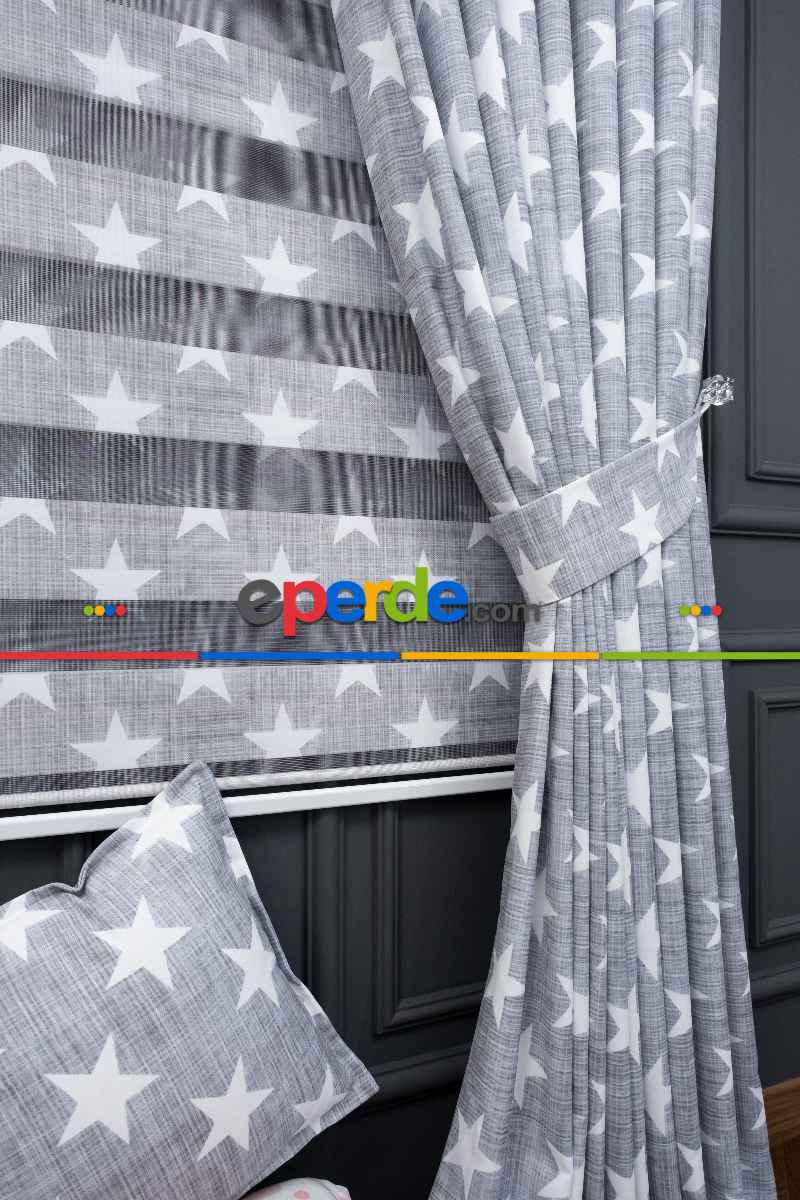 Kız ve Erkek Çocuk Odası Fon Perde - Gri Beyaz