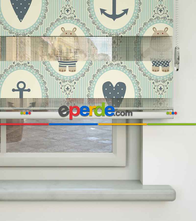 Çocuk Odası Zebra Perde - Çapa Ve Kalp Baskılı Zebra Perde- Gri-Füme-Antrasit-Beyaz-Su Yeşili