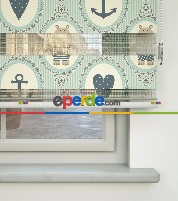 Çocuk Odası Zebra Perde - Çapa Ve Kalp Baskılı Zebra Perde- Gri-Füme-Antrasit-Beyaz-Su Yeşili