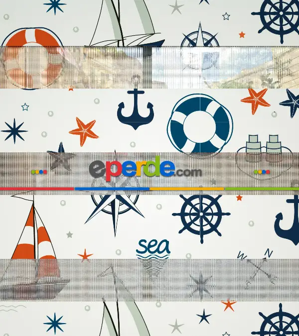 Bebek Odası Zebra Perde - Çapa Desen Baskılı Zebra Perde- Lacivert-Mavi-Kırmızı-Beyaz