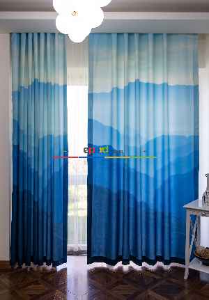 Hazır Ölçülü Dökümlü Kumaştan Mavi Dağ Manzaralı Baskılı Pilesiz Fon Perde 1. Kalite