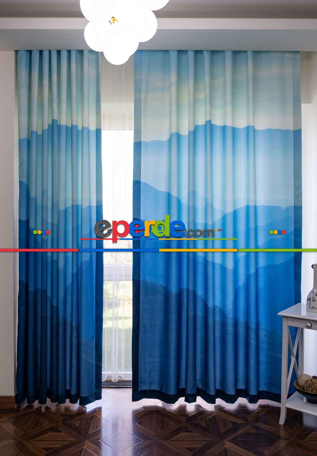 Hazır Ölçülü Dökümlü Kumaştan Mavi Dağ Manzaralı Baskılı Pilesiz Fon Perde 1. Kalite