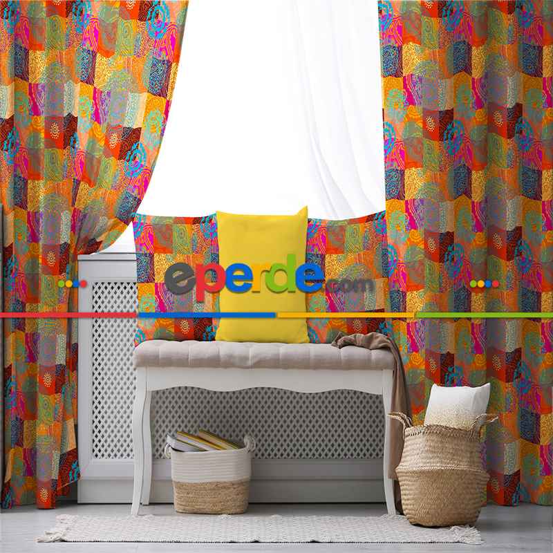 Etnik Desenli Fon Perde Evim K-209 Kumaşı Kalındır Duck Bezi Değildir