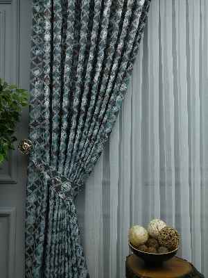 Turkuaz Desenli Jakar Fon Perde (180)- Petrol Mavisi