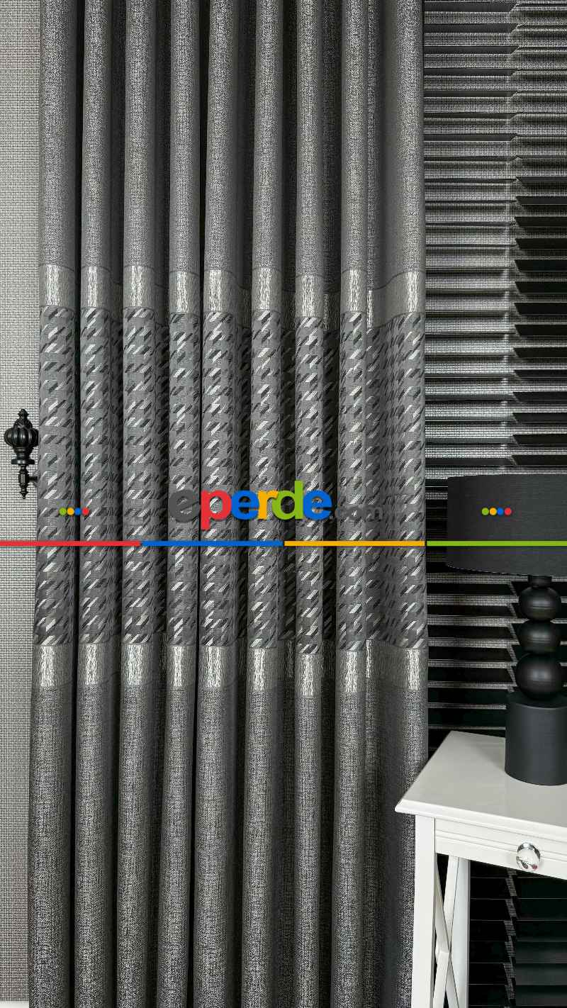 Gri Gümüş Fon Perde, Kazayağı Desenli Jakar Dokuma Pano Model