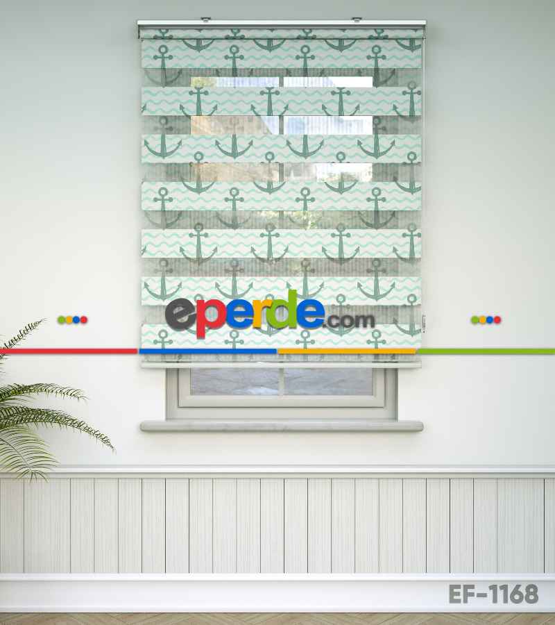 Çapa Baskılı Zebra Perde- Beyaz-su Yeşili