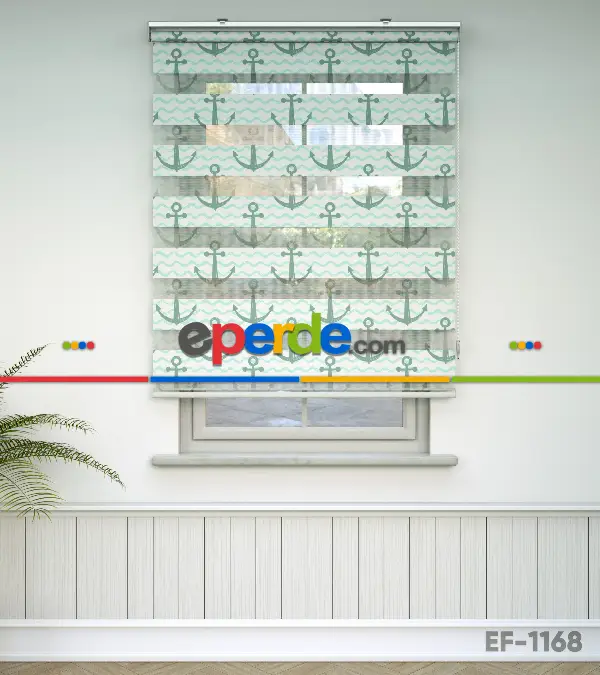 Bebek Odası Zebra Perde - Çapa Baskılı Zebra Perde- Beyaz-Su Yeşili