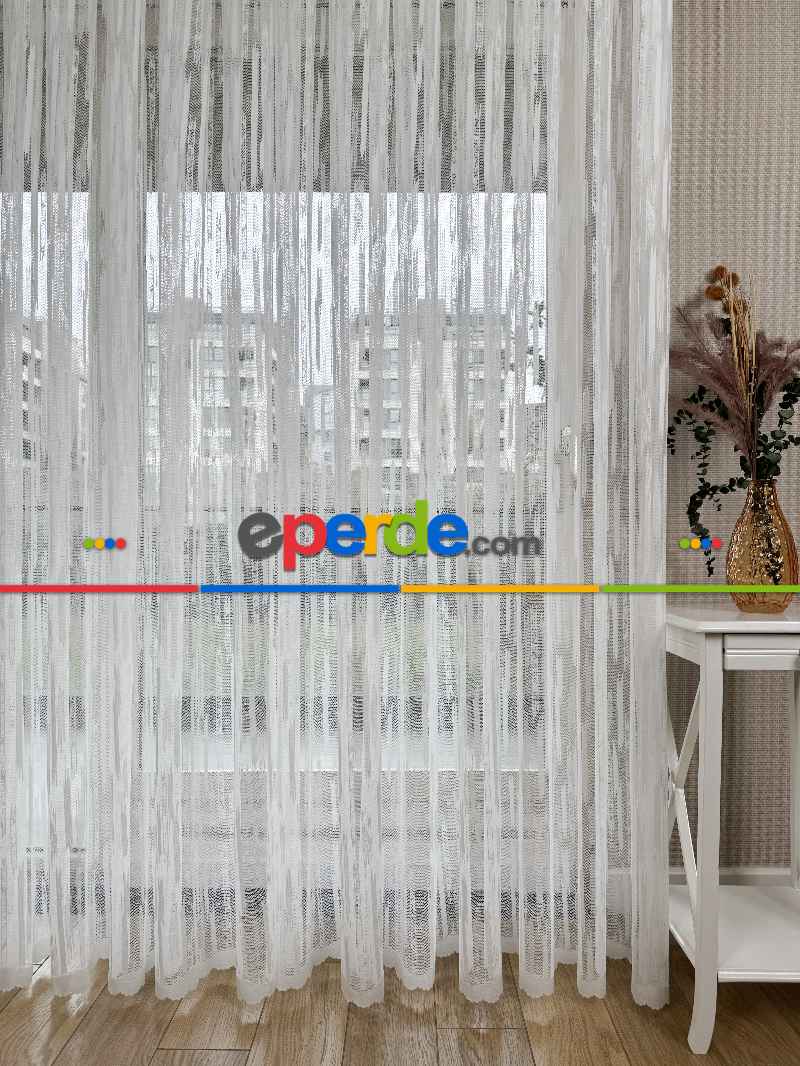 Oturma Odası - Çizgili Fransız Dantel Örme Tül Perde, Desenli Ütü İstemeyen Tül