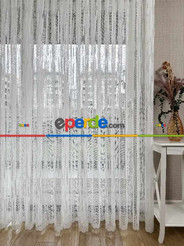 Oturma Odası - Çizgili Fransız Dantel Örme Tül Perde, Desenli Ütü İstemeyen Tül