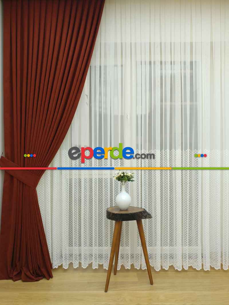 Kırmızı Koyu Rengi Düz Sade Fon Perde Dökümlü ( Dökümlü Fon )- Kiremit Rengi