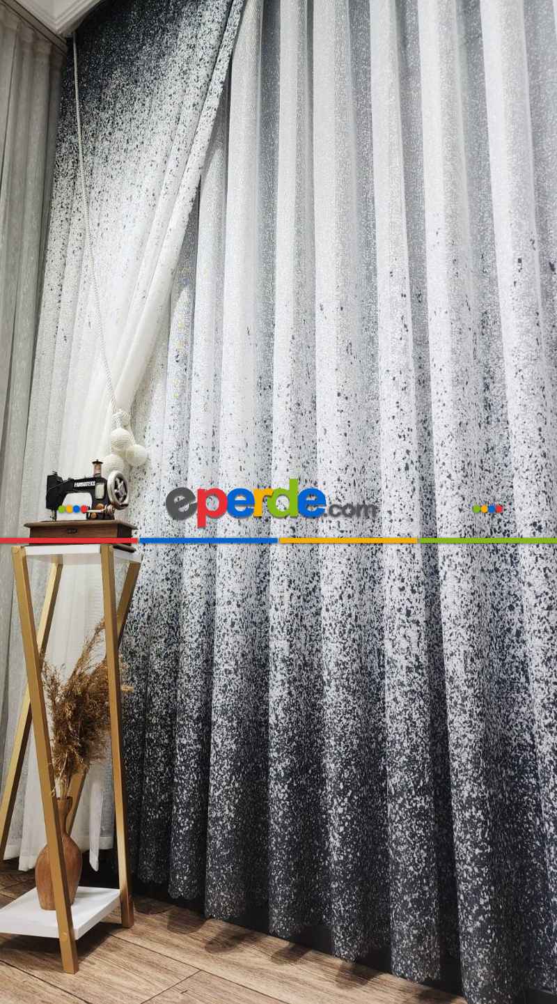 Mutfak - Üsten Dikim Renkli Gri-füme Püskürtme Tül Fon Perde