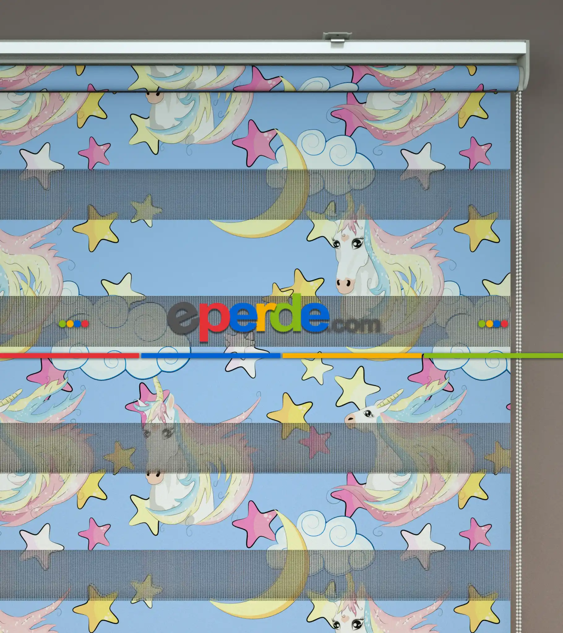 Unicorn Desenli Baskılı Zebra Perde- Çok Renkli