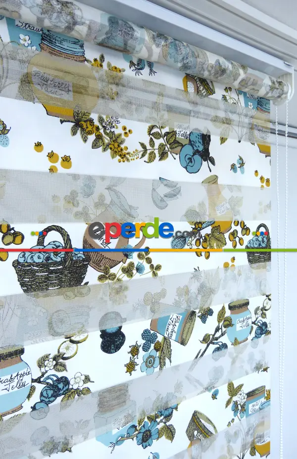 Mutfak Zebra Perde 12-768- Turkuaz-sütlü Kahve