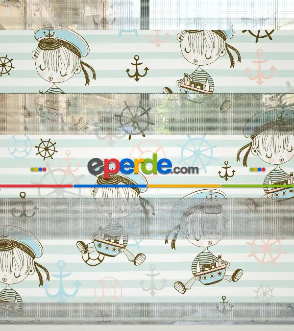 Bebek Odası Zebra -  Denizci Desenli Baskılı Zebra Perde- Çok Renkli