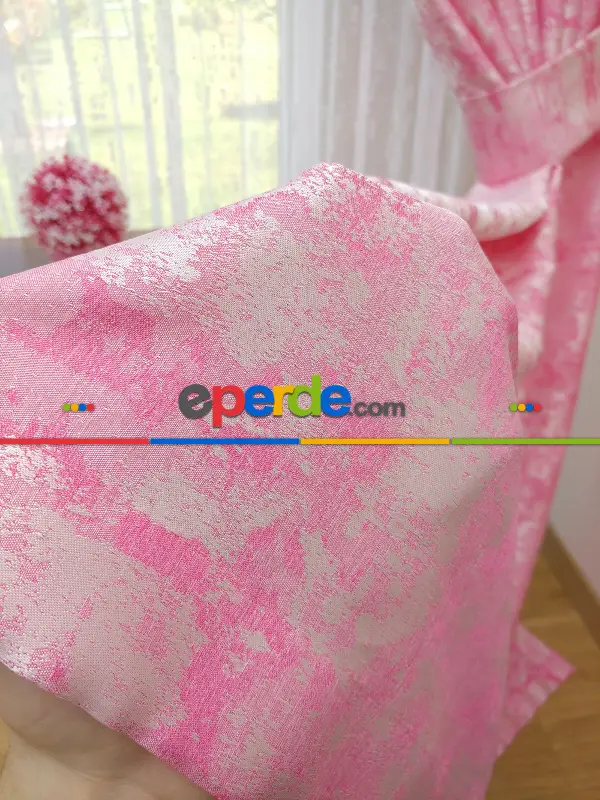 Patinedesenli Pembe - Katyonik Jakar Fon Perde- Pembe