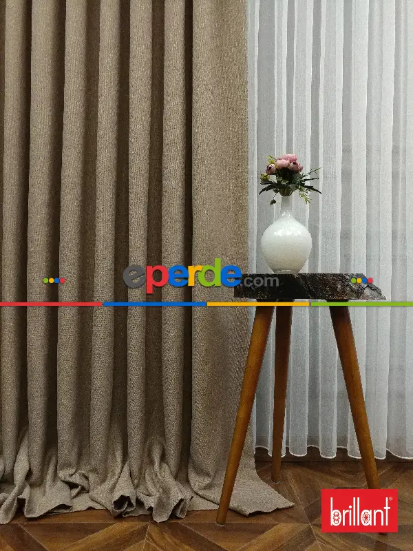 Yatak Odası - Brillant Keten Açık Camel Neskafe Renk Düz Fon Perde - Açık Camel