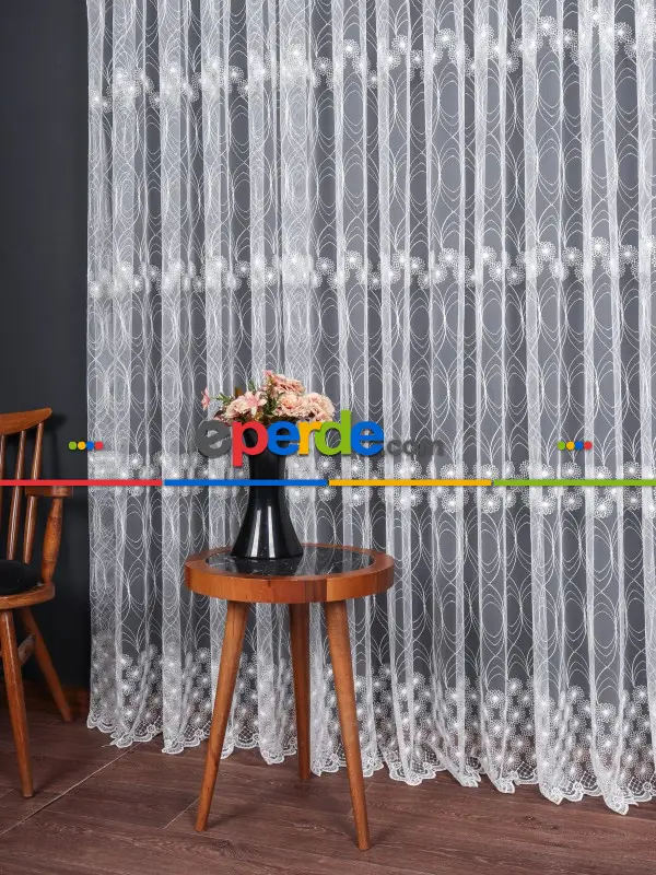 Şeritli Papatya Nakış İşlemeli Brode Tül Perde