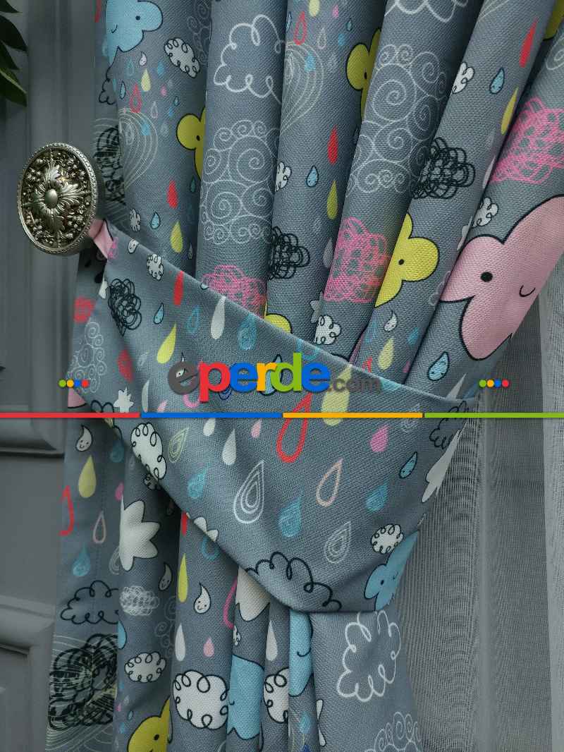 Bulut Ve Damla Desenli Fon Perde Evm680 Kumaşı Kalındır Duck Bezi Değildir- Siyah-Gri-Füme-Antrasit-Sarı