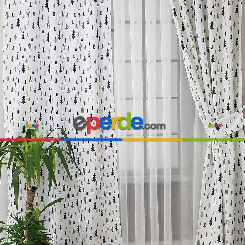 Çam Ağacı Desenli Fon Perde K601 Kumaşı Kalındır Duck Bezi Değildir- Beyaz