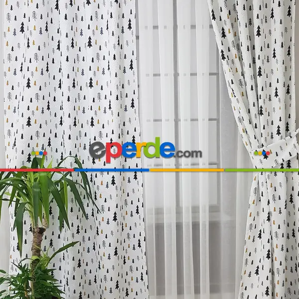 Kız, Erkek, Çocuk ve Bebek Odası Fon Perde - Çam Ağacı Desenli - Siyah Gri Sarı