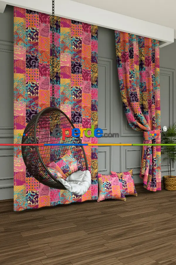Dökümlü Kumaştan Genç Odası - Etnik Desenli Baskılı Fon Perde- Turkuaz-pembe-mor-hardal Sarısı