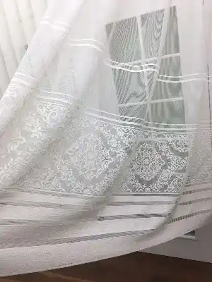 Enine Çizgili Desenli Tül Perde- Ekru