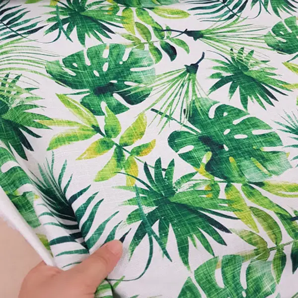 Salon Fon - Tropikal Yaprak Desenli Fon Perde Evm1121 Kumaşı Kalındır Duck Bezi Değildir- Yeşil-Beyaz