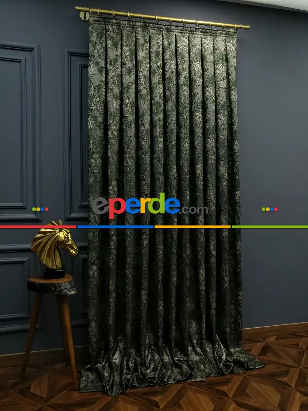 Yatak Odası Fon Patine Desenli Modern Desenli Jakarlı Fon Perde Yeni Seri 401- Haki Yeşil