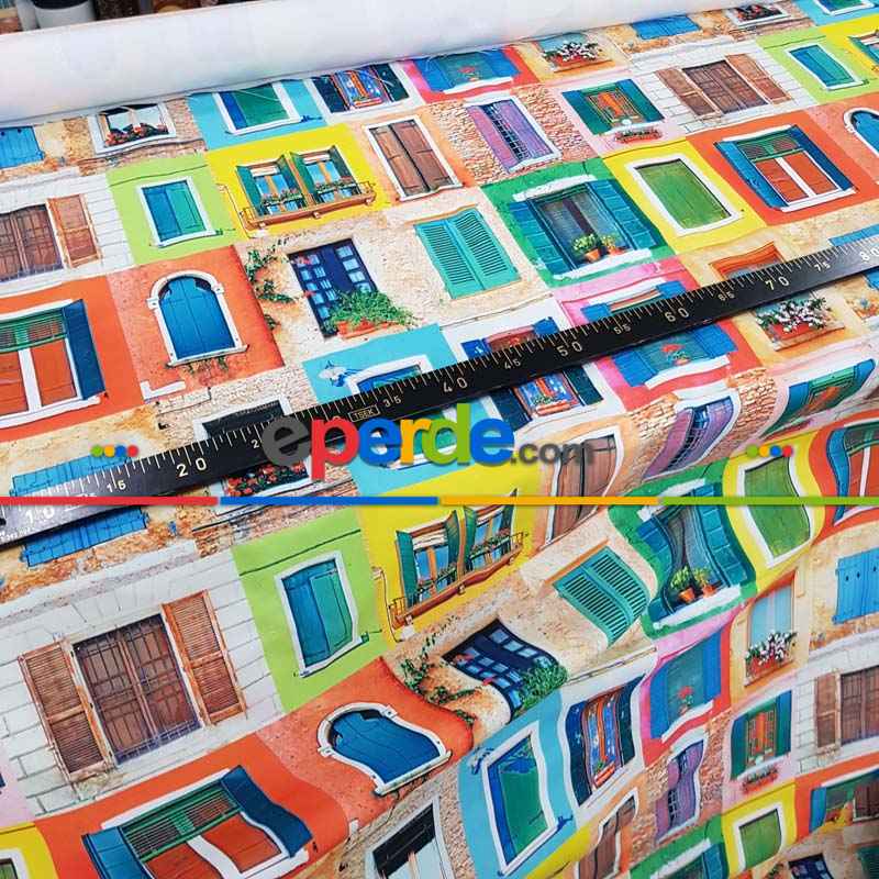 Renkli Pencereli Desenli Fon Perde Evm1068 Kumaşı Kalındır Duck Bezi Değildir- Mavi-Sarı-Kırmızı Açık