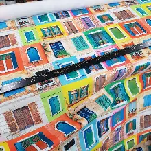 Renkli Pencereli Desenli Fon Perde Evm1068 Kumaşı Kalındır Duck Bezi Değildir- Mavi-Sarı-Kırmızı Açık