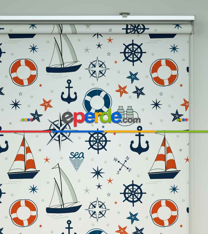 Denizci Desenli Baskılı Stor Perde- Lacivert-kırmızı-ekru