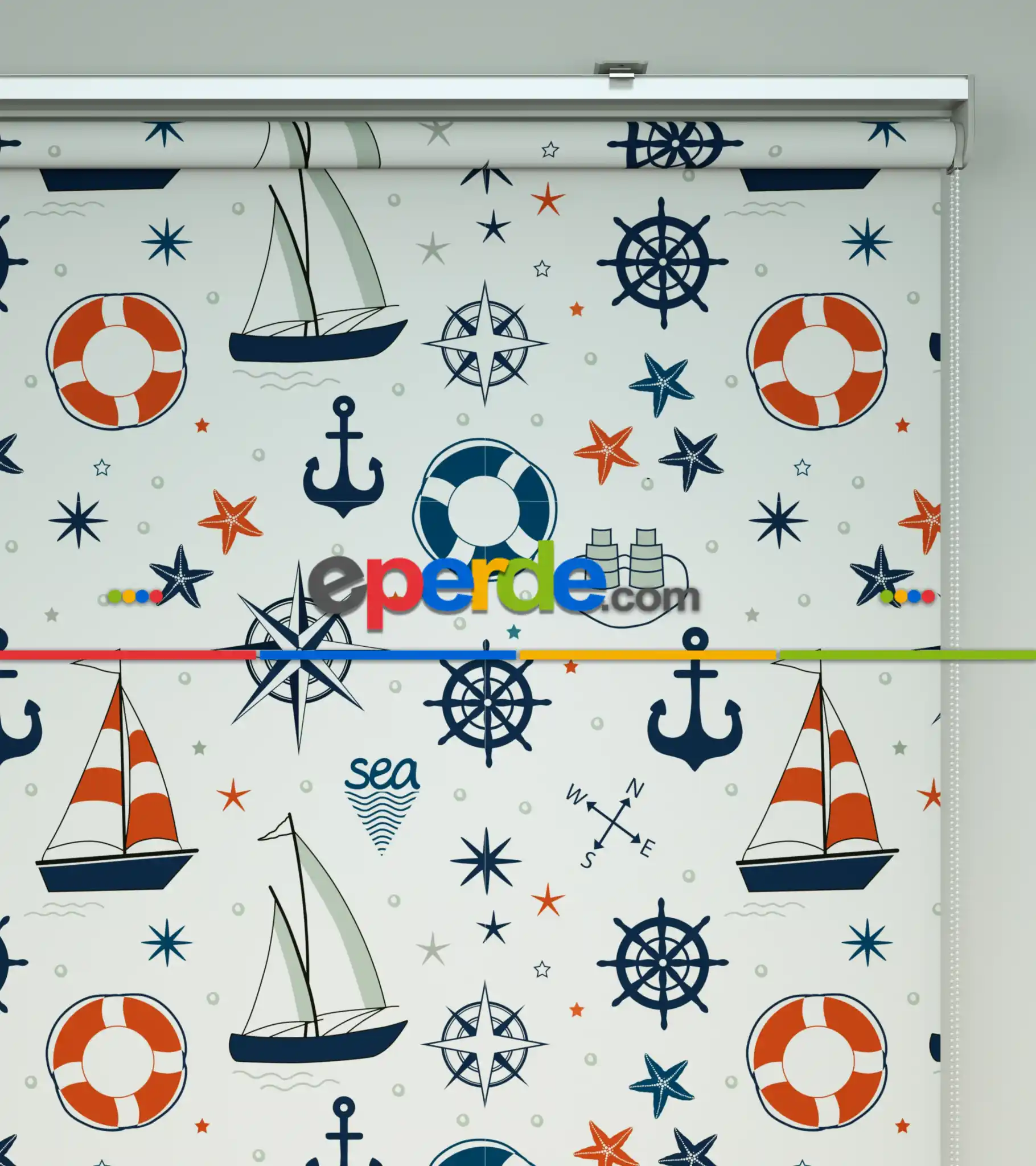 Bebek Odası Stor Perde - Denizci Desenli Baskılı Stor Perde- Lacivert-Kırmızı-Ekru