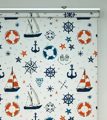 Bebek Odası Stor Perde - Denizci Desenli Baskılı Stor Perde- Lacivert-Kırmızı-Ekru