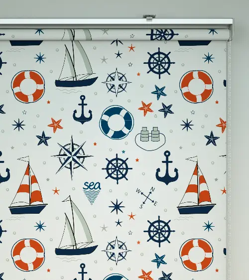 Denizci Desenli Baskılı Stor Perde- Lacivert-kırmızı-ekru